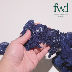 Leafy Floral Corded Sequin Embroidery On 4 Inch Scalloped Mesh Lace Trim Fabric Navy Blue Video|SV582524
