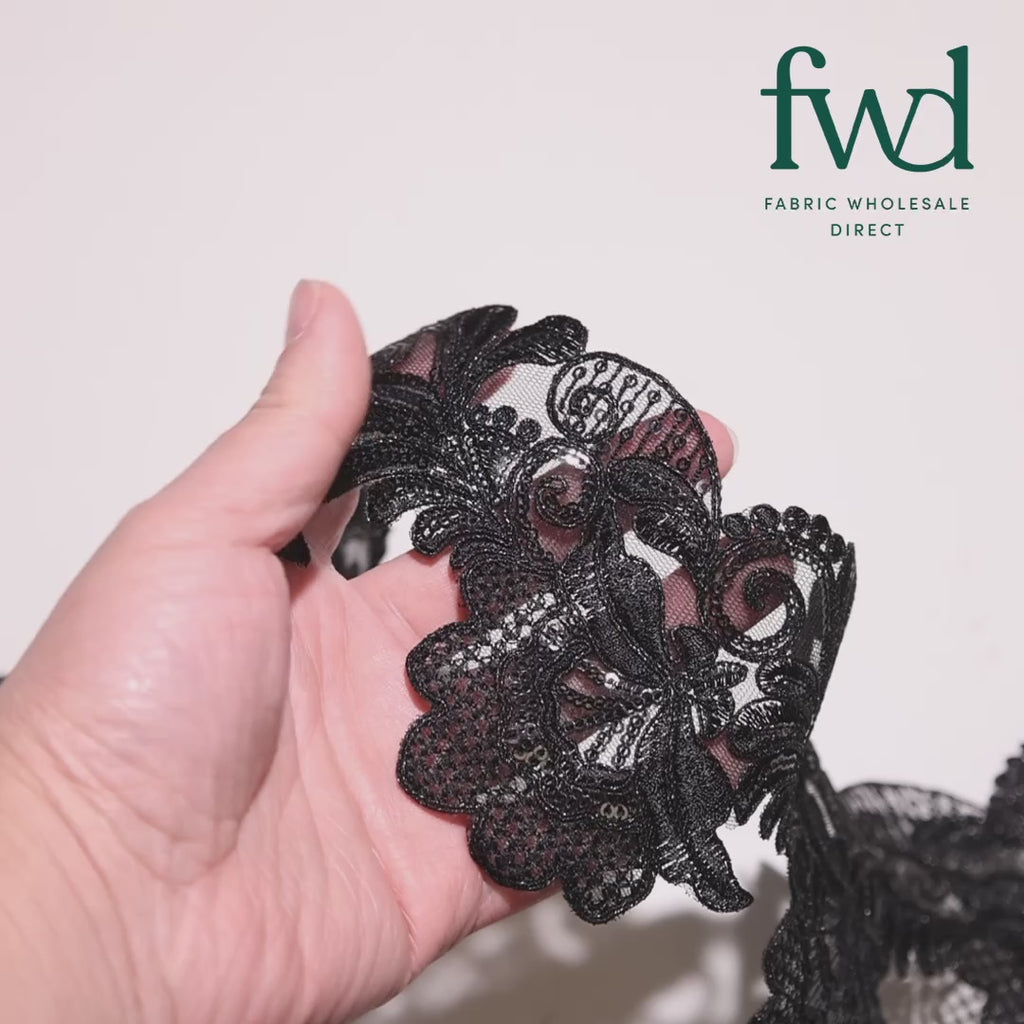 Leafy Floral Corded Sequin Embroidery On 4 Inch Scalloped Mesh Lace Trim Fabric Black Video|SV582561