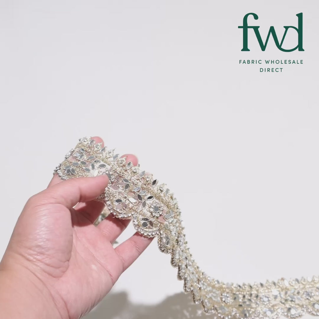 2 Inch Mirror Rhinestones Metallic Cording On Mesh Lace Trim Fabric Gold Video|SV583280