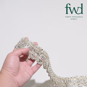 2 Inch Mirror Rhinestones Metallic Cording On Mesh Lace Trim Fabric Gold Video|SV583280