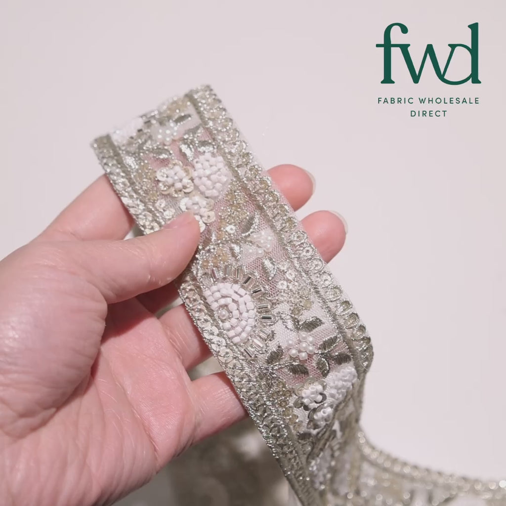 Sunshine Garden Floral Beaded Sequin Metallic Embroidery On 2 Inch Hemmed Mesh Lace Trim White Video|SV582856