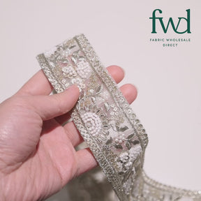 Sunshine Garden Floral Beaded Sequin Metallic Embroidery On 2 Inch Hemmed Mesh Lace Trim White Video|SV582856