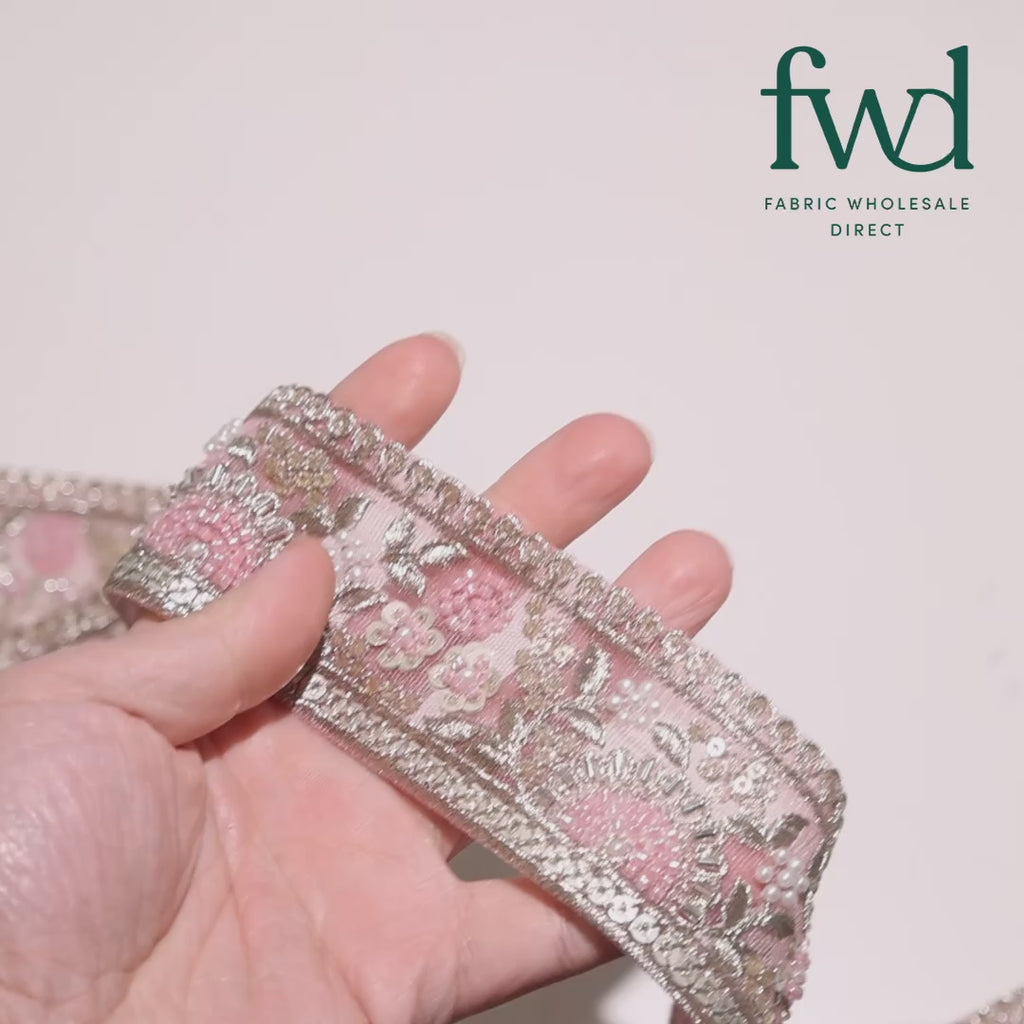 Sunshine Garden Floral Beaded Sequin Metallic Embroidery On 2 Inch Hemmed Mesh Lace Trim Pink Video|SV582860
