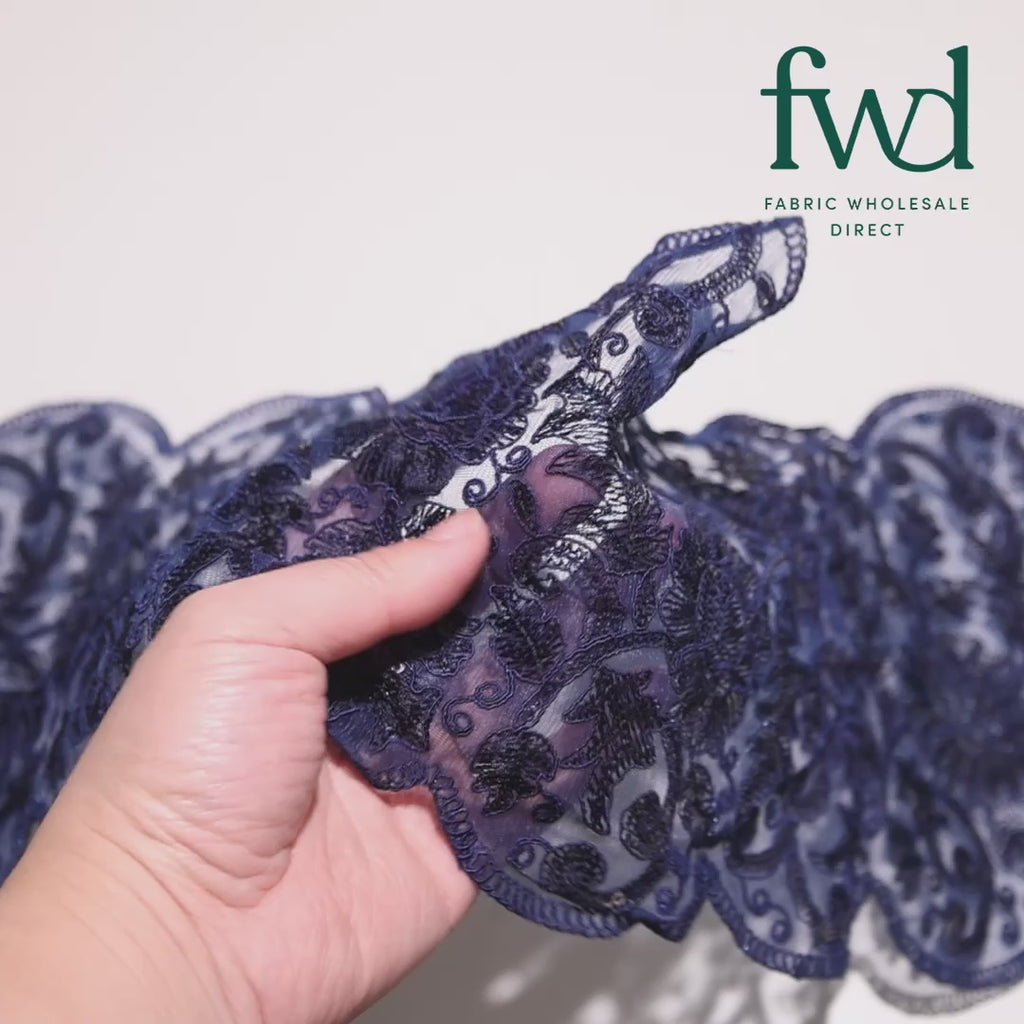 Floral Sequin Embroidery On 8 Inch Corded Mesh Lace Trim Fabric Navy Blue Video|SV582508