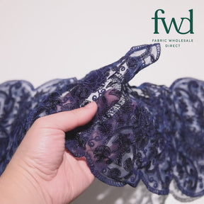 Floral Sequin Embroidery On 8 Inch Corded Mesh Lace Trim Fabric Navy Blue Video|SV582508