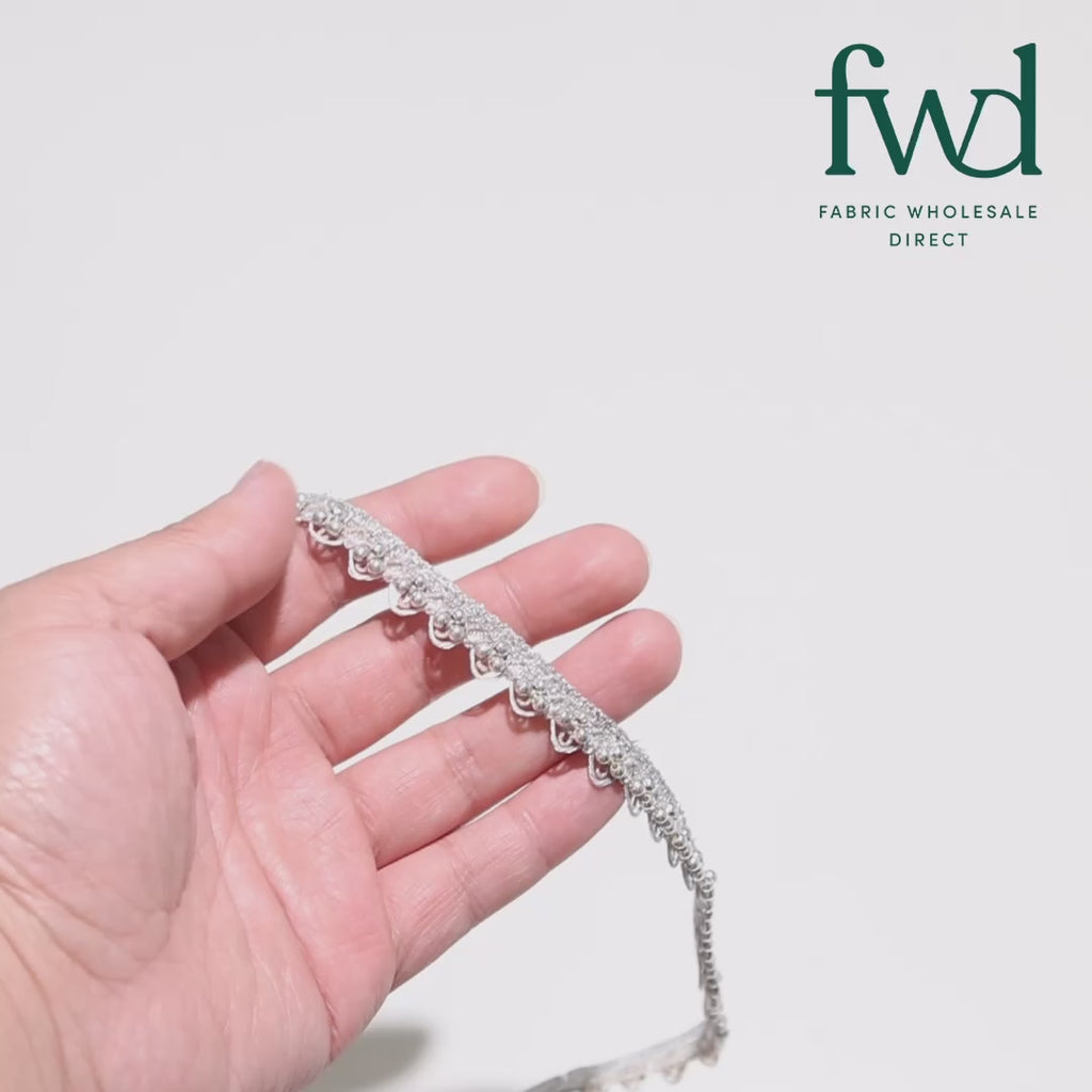 1/2 Inch Metallic Ribbon & Cording On Pearly Beaded Fabric Trim Silver / Silver Video|SV583279-HP