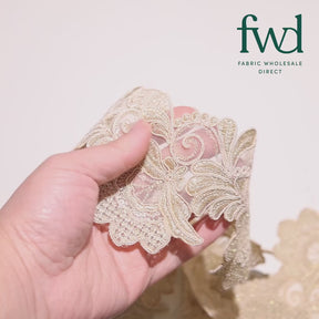 Leafy Floral Corded Sequin Embroidery On 4 Inch Scalloped Mesh Lace Trim Fabric Champagne Video|SV582525