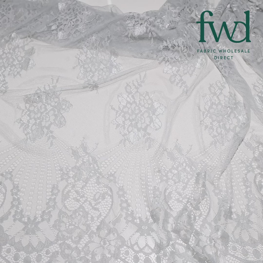 Leafy Chantilly Lace Fabric Silver Video|SV582674