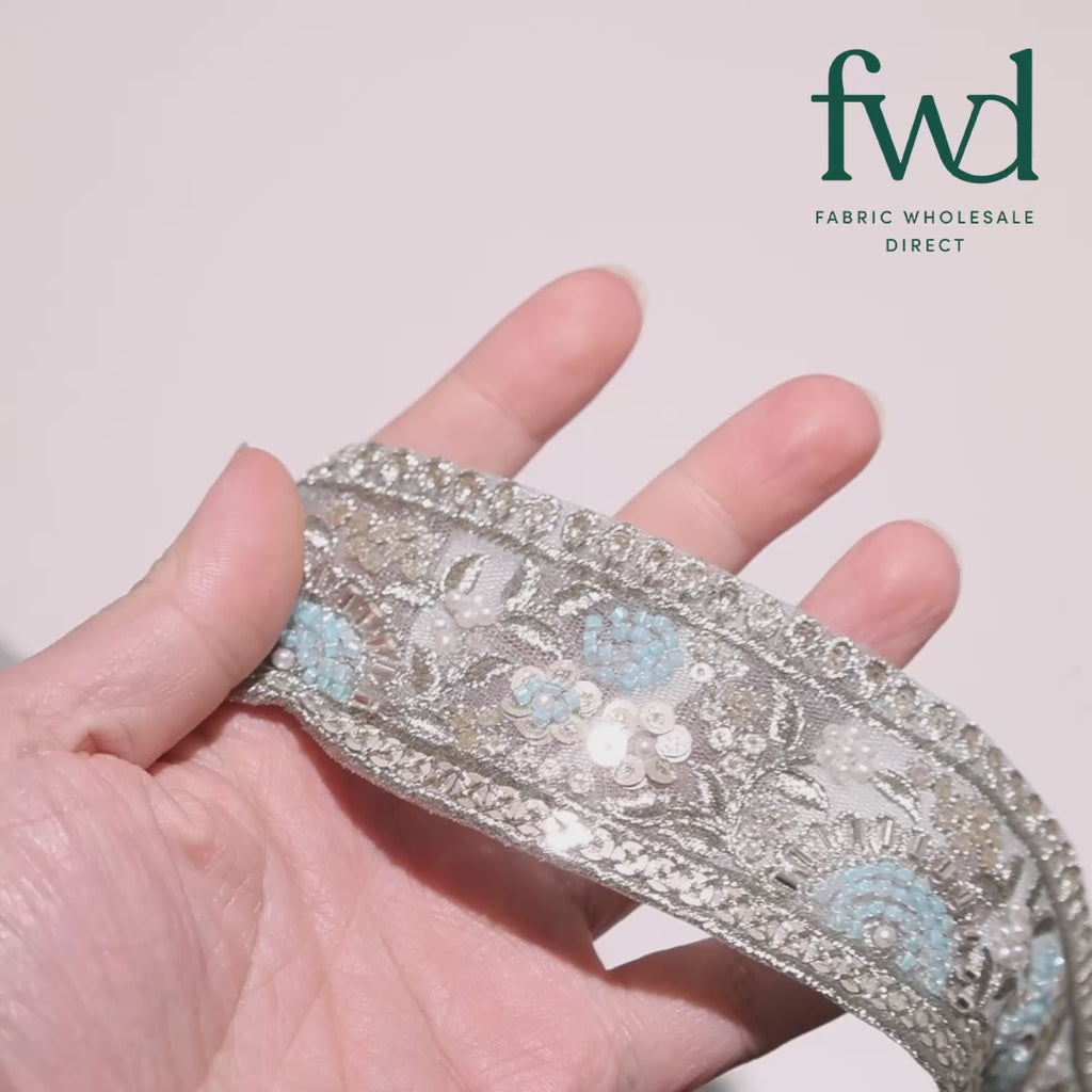 Sunshine Garden Floral Beaded Sequin Metallic Embroidery On 2 Inch Hemmed Mesh Lace Trim Light Blue Video|SV582859