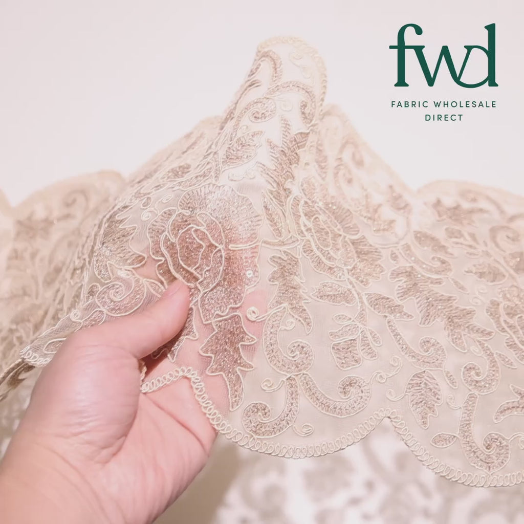 Floral Sequin Embroidery On 8 Inch Corded Mesh Lace Trim Fabric Beige Video|SV582835