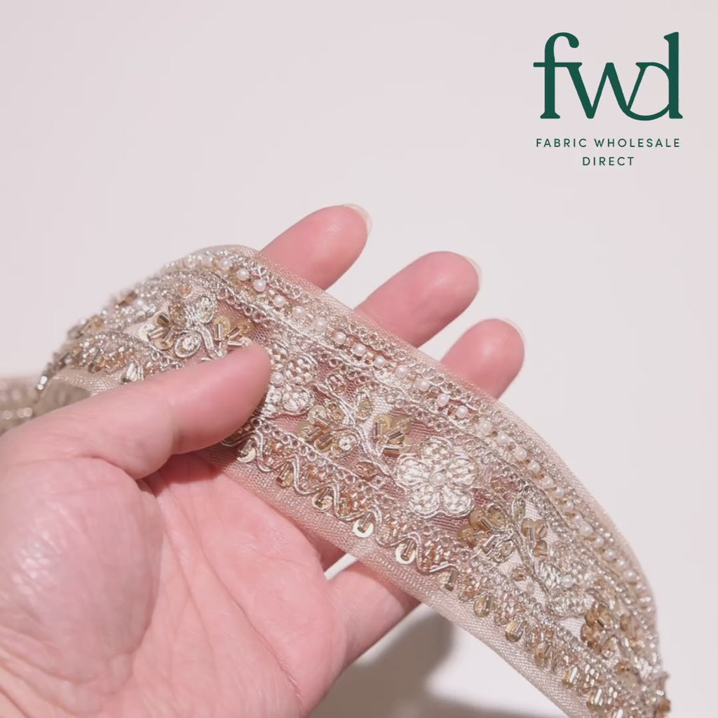Floral Vine Beaded Sequin Metallic Woven Embroidery On 2 Inch Hemmed Mesh Lace Trim Anmol Video|SV582477