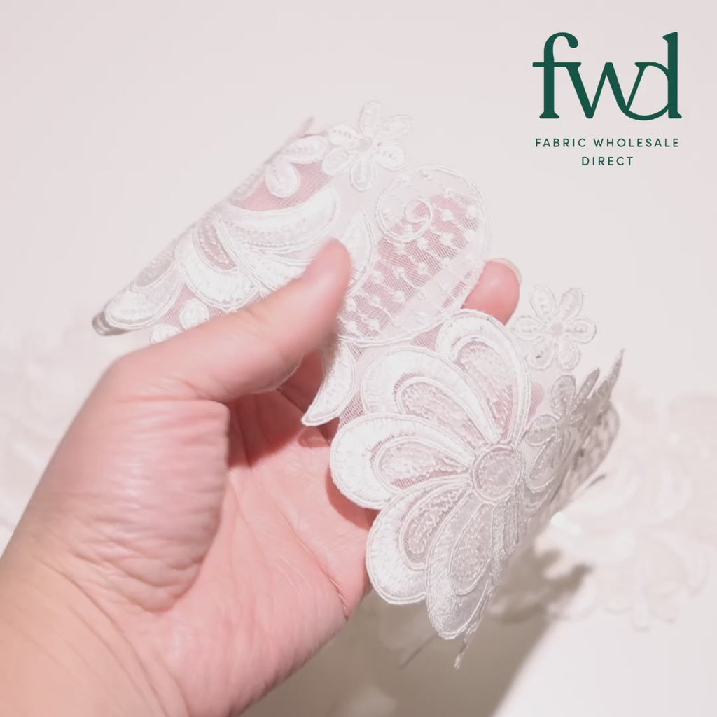 Wild Flower Corded Sequin Embroidery On 4 Inch Scalloped Mesh Lace Trim Fabric White Video|SV582516