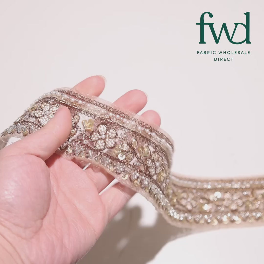 Floral Vine Beaded Sequin Metallic Woven Embroidery On 2 Inch Hemmed Mesh Lace Trim Matte Video|SV582480