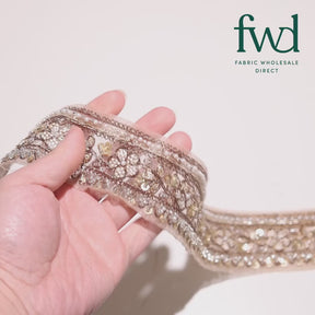 Floral Vine Beaded Sequin Metallic Woven Embroidery On 2 Inch Hemmed Mesh Lace Trim Matte Video|SV582480
