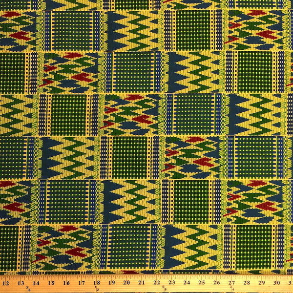 Kente Cloth Fabric; Green, Yellow, Red, Blue, White , Black