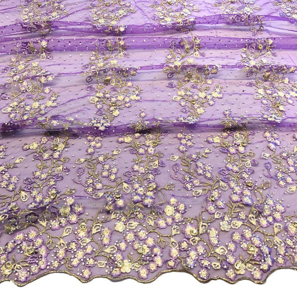 Purple Farina Beaded Embroidery Sequins on Mesh Lace