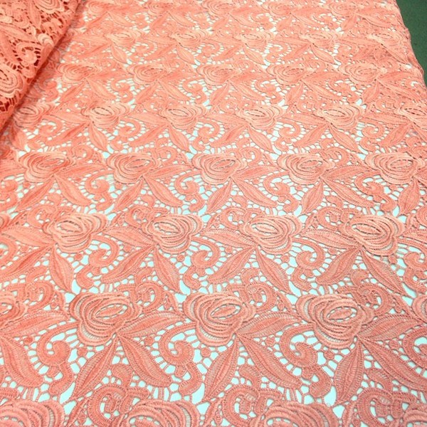 Coral Peach Rose Guipure French Venice Lace Fabric