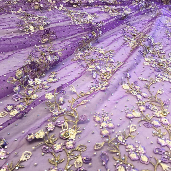 Purple Farina Beaded Embroidery Sequins on Mesh Lace