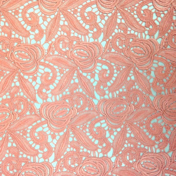 Coral Peach Rose Guipure French Venice Lace Fabric