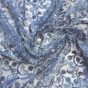 Blue Floral Vine Embroidery on Mesh Fabric
