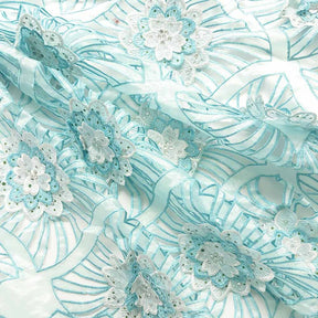Aqua Blue Beaded Embroidery Corded Organza Fabric