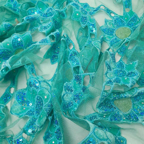 Aqua Blue Sunflower Corded Sequins Lace on Mesh