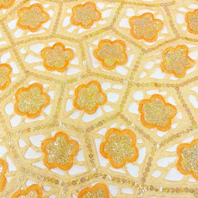 Beige & Orange Floral Embroidery Hole-Cut Voile Lace