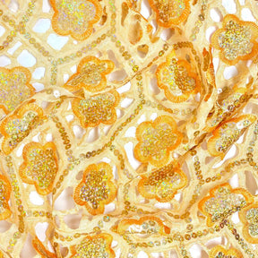 Beige & Orange Floral Embroidery Hole-Cut Voile Lace