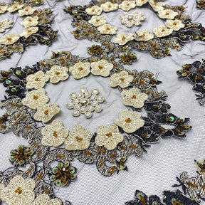 Black Daisy Diamond Patch Metallic Embroidery on Mesh