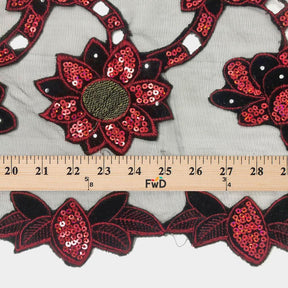 Black & Red Sunflower Corded Sequins Lace on Mesh