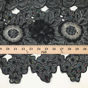 Black Sunflower Metallic Corded Embroidery Organza with Rhinestones