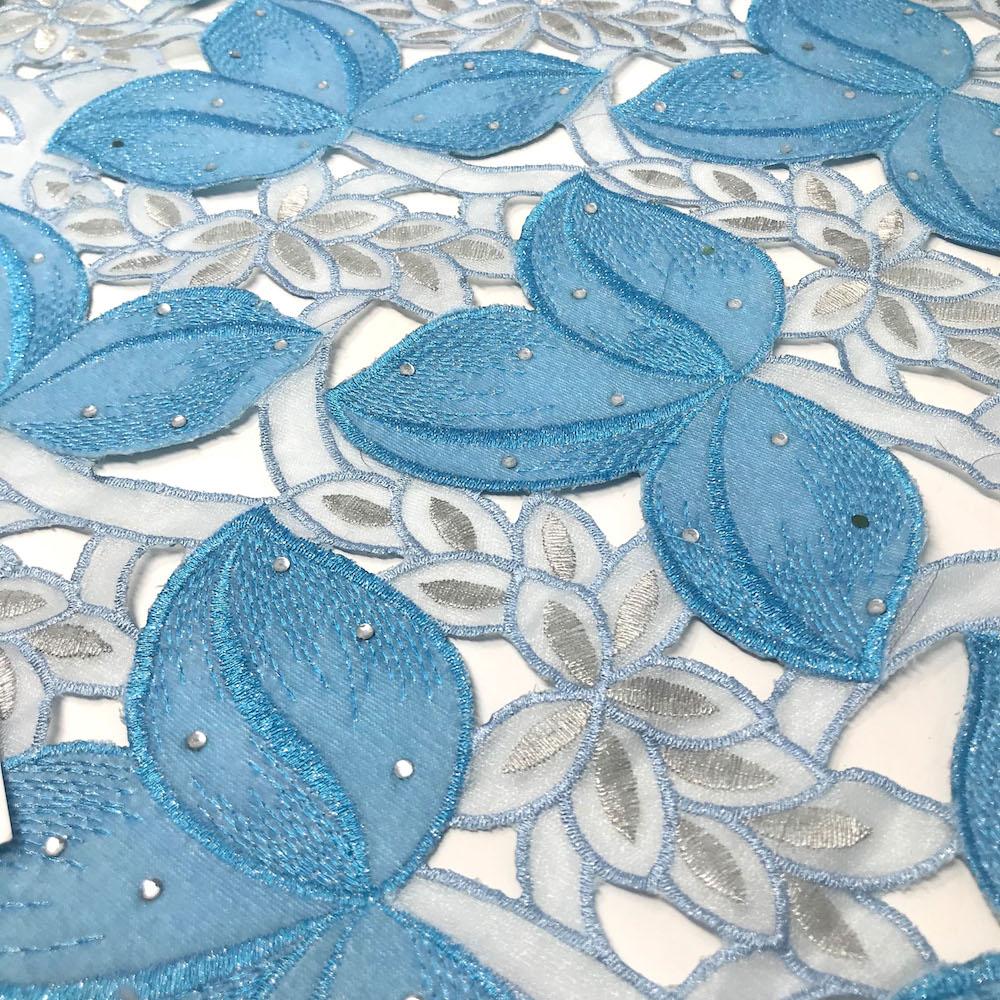 Blue Embroidery Leaf Lace w/ Hole Cut & Rhinestones