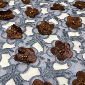 Brown Floral Embroidery on Grey Organza Lace