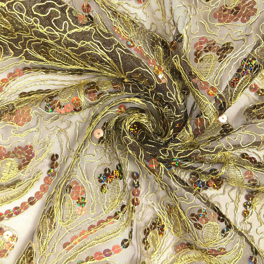 Sequins Lace With Cord Embroidery Flower on Mesh Fabric Texture By The Yard. (Light Gold Metallic)