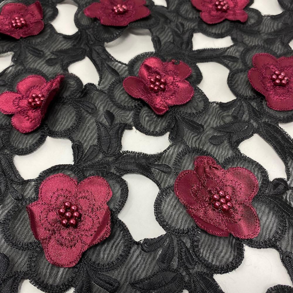 Burgundy Floral Embroidery on Black Organza Lace Fabric 54