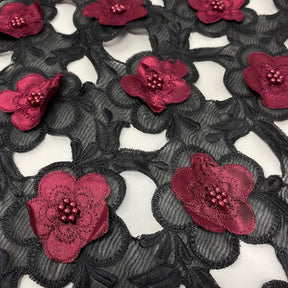 Burgundy Floral Embroidery on Black Organza Lace