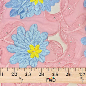 Floral Aster Rhinestone Embroidery on Pink Organza