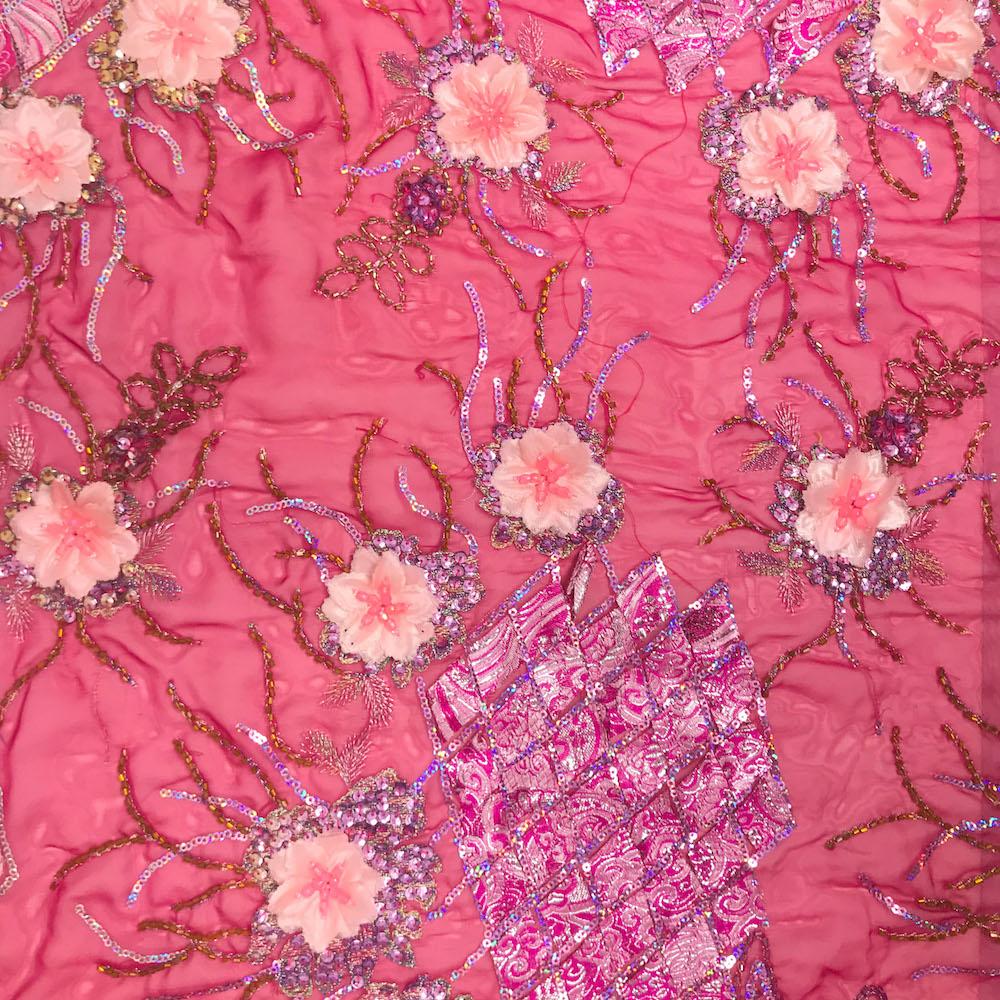 Floral Beaded Sequins Patch on Georgette Lace Fabric $24.99/Yard