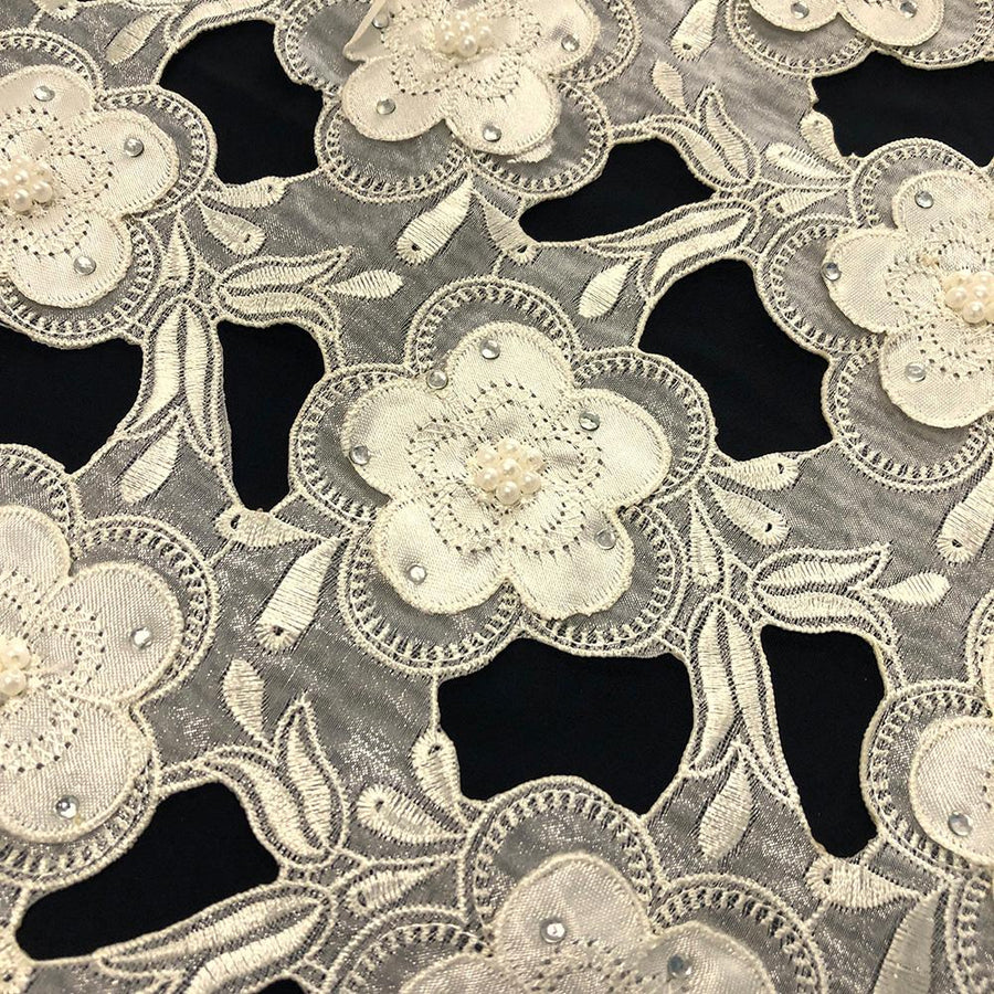 Ivory Floral Embroidery on Ivory Organza Lace Fabric $9.99/Yard