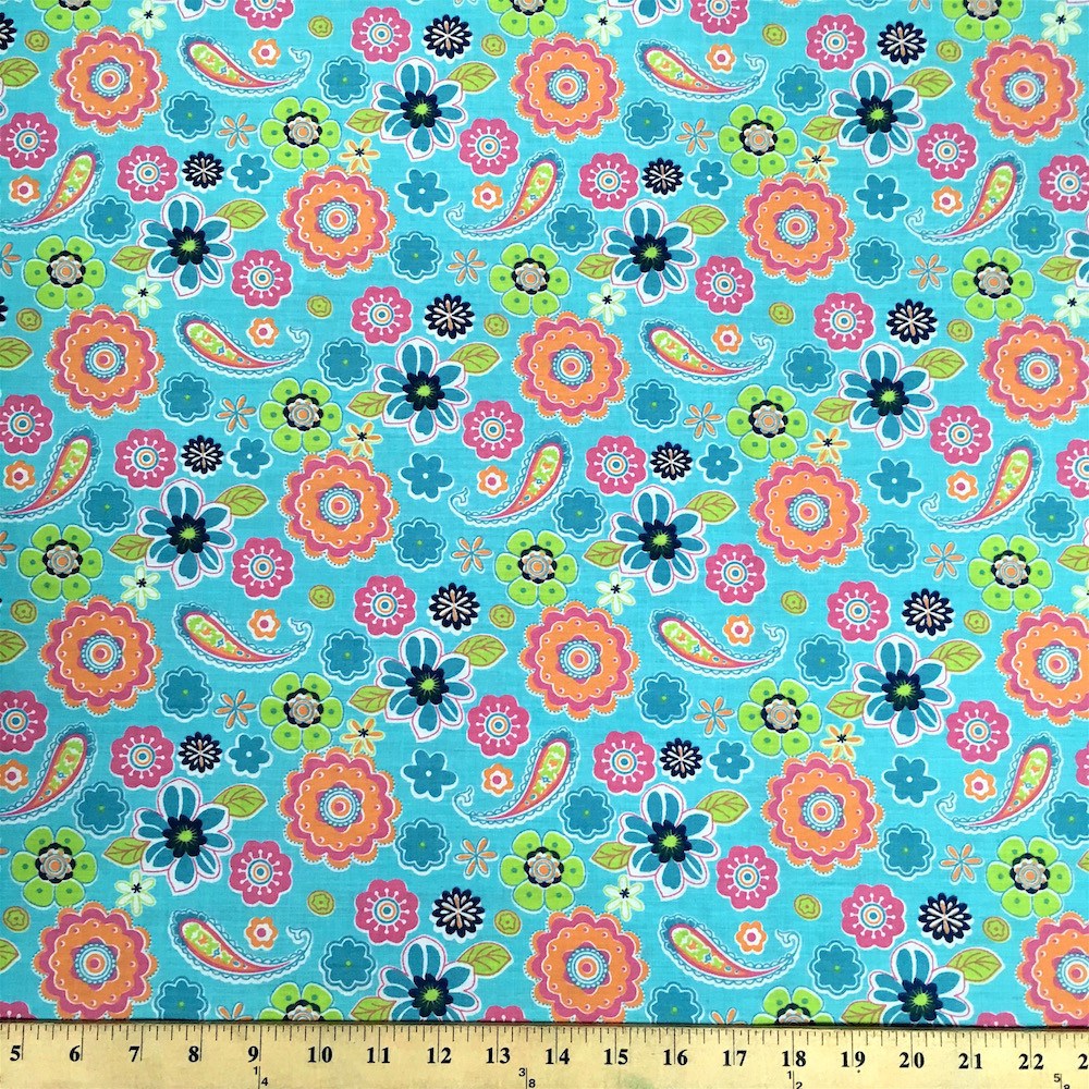 Turquoise Lenox Print Fabric Cotton Polyester Broadcloth 60