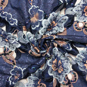 Midnight Blue Floral Embroidery Lace on Organza