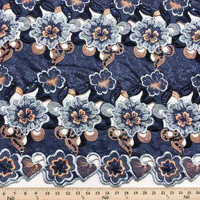 Midnight Blue Floral Embroidery Lace on Organza