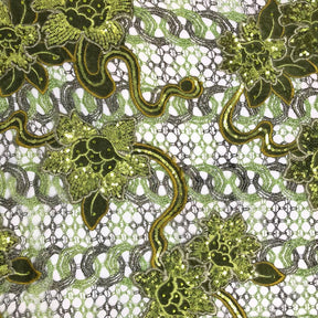 Olive Floral Velvet Chemical Metallic Lace with Sequins & Rhinestones