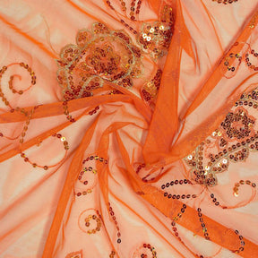 Orange Paisley Daisy Sequin Embroidery on Mesh