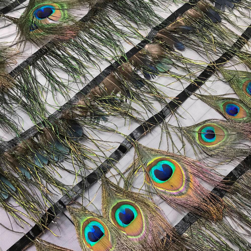 Real Peacock Feather Trim Layers on Poly Mesh Fabric 60
