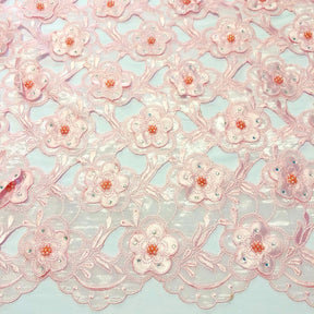 Pink Floral Embroidery on Pink Organza Lace