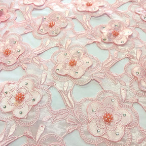 Pink Floral Embroidery on Pink Organza Lace