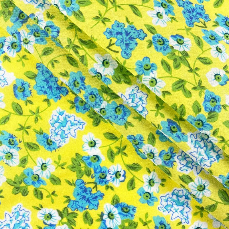 Yellow Primrose Print Fabric Cotton Polyester Broadcloth 60