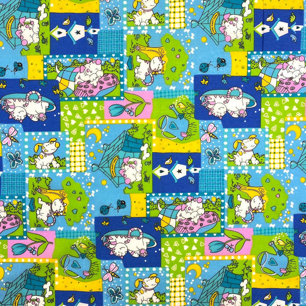 Blue Dreamy Cats & Dogs Print Broadcloth