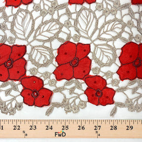 Red Floral Embroidered Ribbon Metallic Chemical Lace